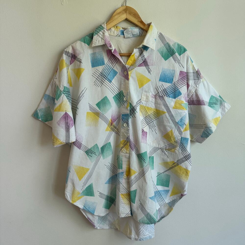 1980's Vintage Limited Collection Geometric Print Short Sleeve Button Up Size L